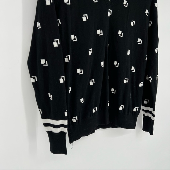 Polo Golf Ralph Lauren Large V-Neck Pullover‎ Sweater Black Whit Print Cotton - Picture 8 of 13